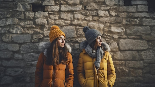 Generative AI of urban females standing in front of a stone wall wearing winter clothing