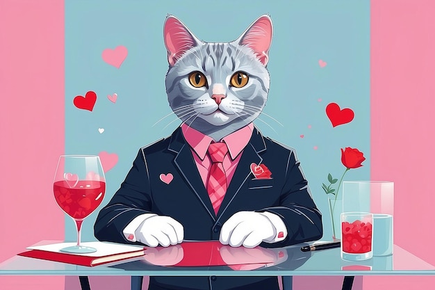 Photo generative ai valentines cat in office suit for cards and tshirts