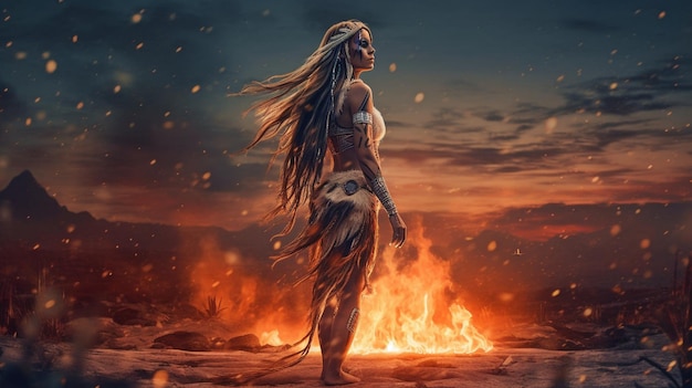 Generative AI a warrior lady on the ground of fire watching the spirits soar