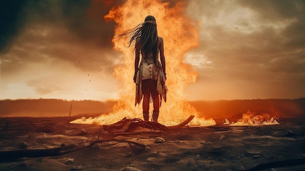 Generative AI a warrior lady on the ground of fire watching the spirits soar