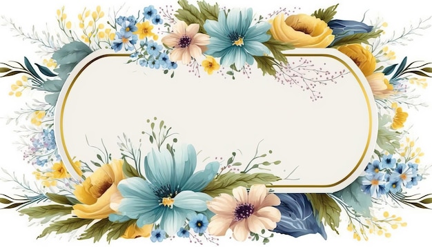 Generative AI Watercolor frame with spring blue and yellow flowers hand drawn art style