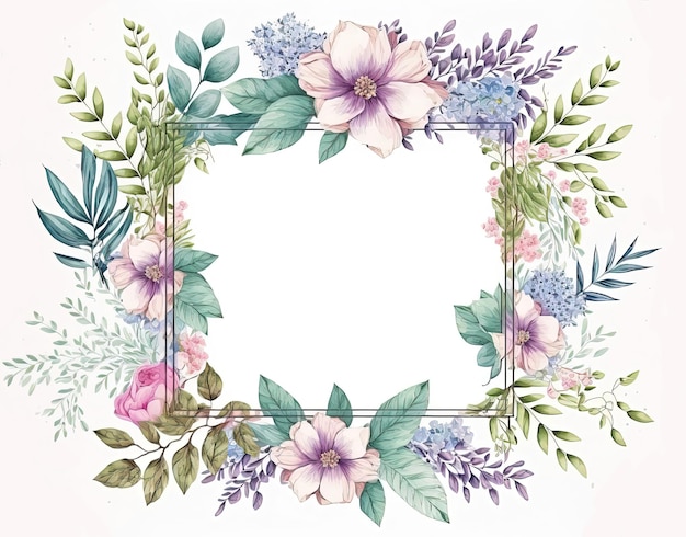 Generative AI Watercolor frame with spring flowers hand drawn art style with place for text