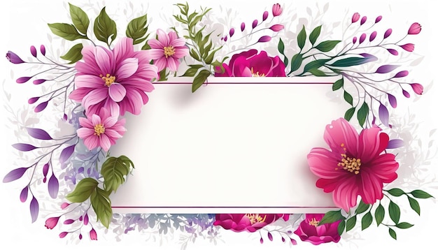 Generative AI Watercolor frame with spring viva magenta flowers hand drawn art style