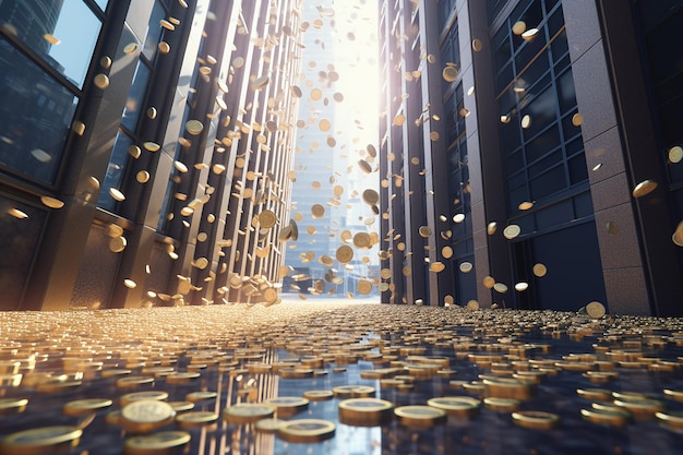 Generative AI which represent hundreds of coins falling from the sky next to two huge buildings