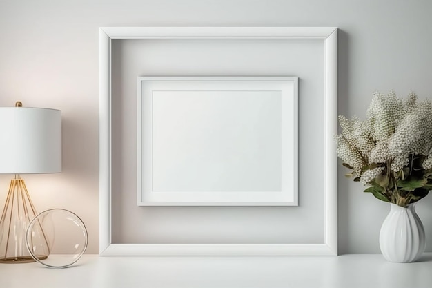 Generative ai White photo frame on table in interior mockup your design blank template accessories