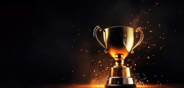 Generative AI Winner trophy with flames golden champion cup with falling confetti on dark background