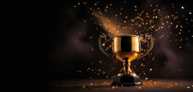 Generative AI Winner trophy with flames golden champion cup with falling confetti on dark background