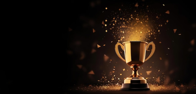 Generative AI Winner trophy with flames golden champion cup with falling confetti on dark background