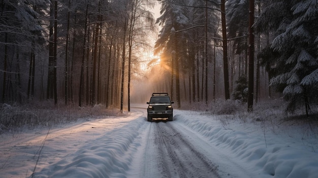 Generative AI on a winter road through the woodland at night