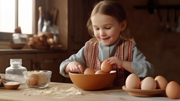 Generative AI with a cute little child breaking eggs into a bowl