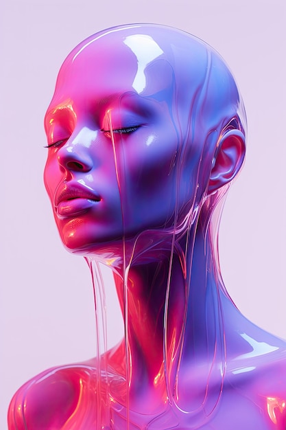 Generative AI woman face in iridescent colors liquid fluid futuristic alien style closeup