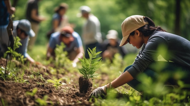 Generative ai woman planting the young tree while working in the garden