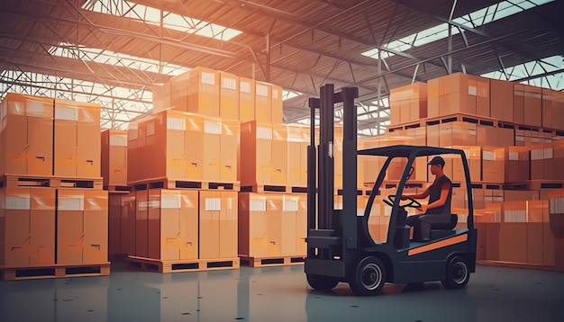 Generative AI Workers Unloading Packaging Boxes on Pallets into The Cargo Container Trucks Loading