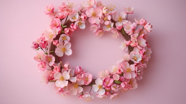 Generative AI wreath of little light pink cherry sakura flowers with copy space natural