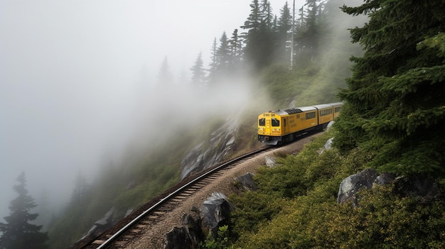 Generative AI yellow train approaching a peak emerging from the mist