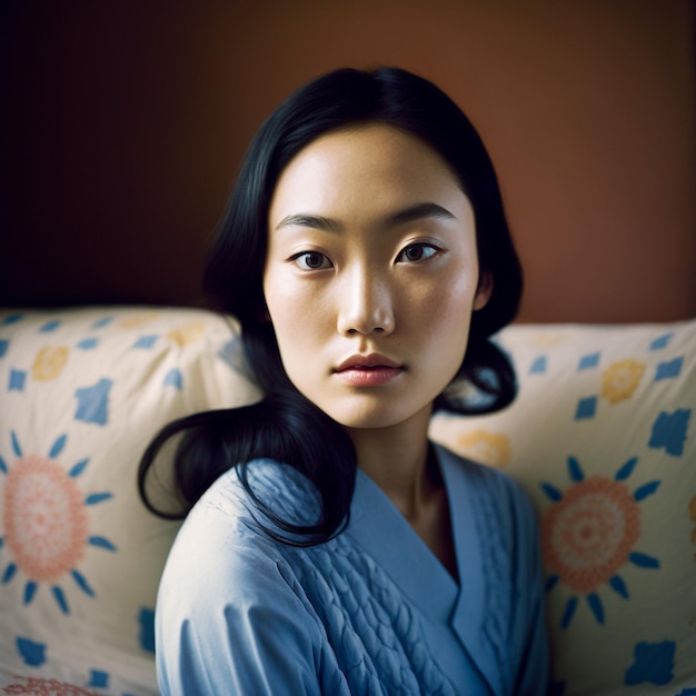 Generative ai young asiatic woman indoors sitting couch looking camera serene and confident