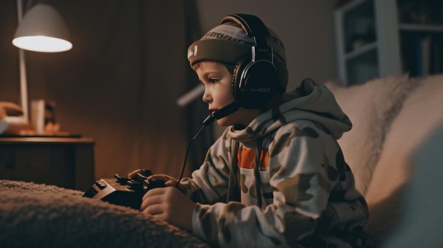 Generative AI a young boy playing electronic games in his room