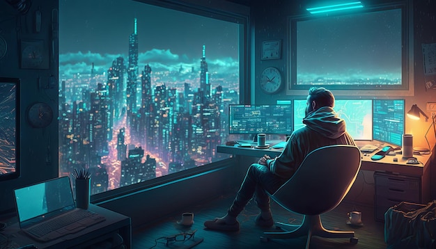 Generative AI Young man sitting in a chair and looking at the night city