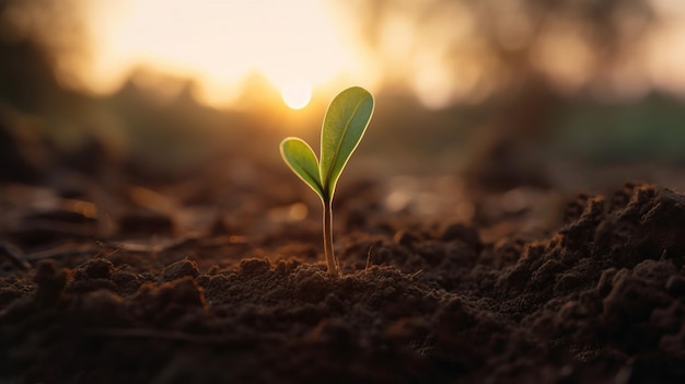 Generative AI Young plant Growing In sunlight from the ground macro photorealistic illustration