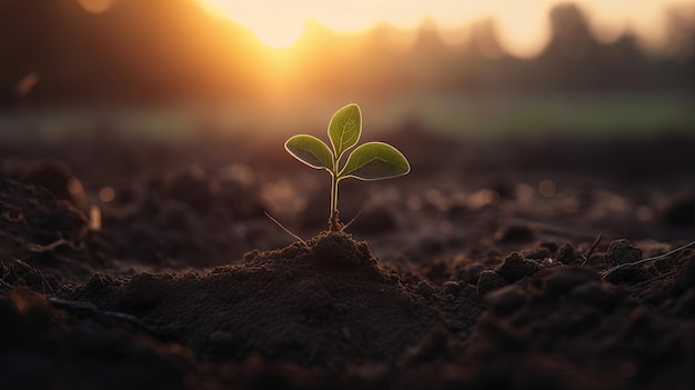 Generative AI Young plant Growing In sunlight from the ground macro photorealistic illustration