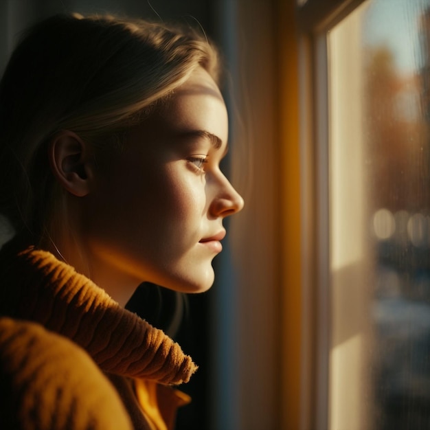 Generative ai young woman indoors at home watching out window in golden light sunset day