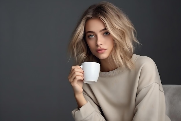 Generative AI Young woman with cup of coffee on grey background