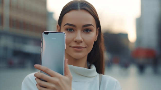 Generative AI youthful smiling woman clutching phone