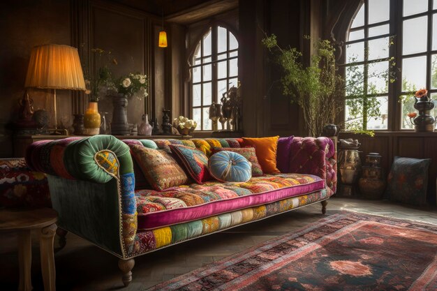 Generative illustration of Large boho chic style sofa with a bold design and light colors in velvet with flower prints and different stripes