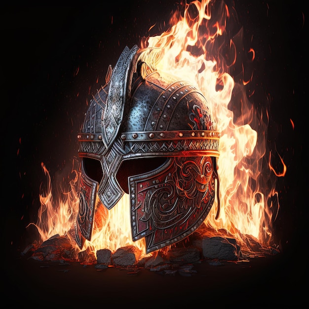 Generative A iron and leather viking helmet glowing with deep red fire light shimmering Focus metal viking warrior helmet with horns and runes