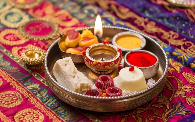 Photo generativeai closeup of traditional bhai dooj thali with festive decorations and sweets