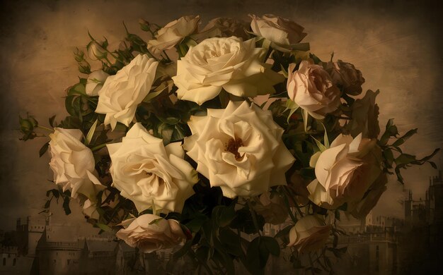 Photo generativeai oil painting of roses with rich layered brushstrokes and darkened vintage palette