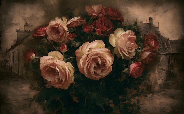 Photo generativeai oil painting of roses with rich layered brushstrokes and darkened vintage palette