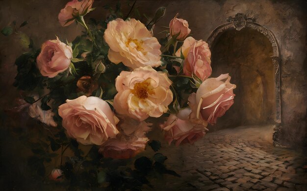 Photo generativeai oil painting of roses with rich layered brushstrokes and darkened vintage palette