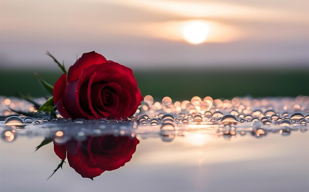 GenerativeAI Red Rose Reflected in Dew Drops at Sunrise for Valentine Background