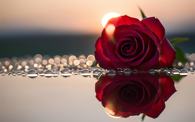 GenerativeAI Red Rose Reflected in Dew Drops at Sunrise for Valentine Background