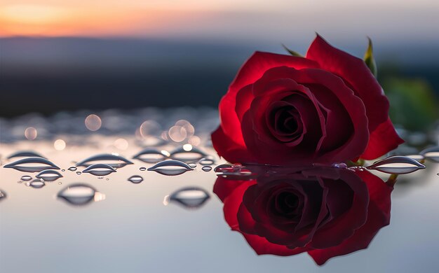 GenerativeAI Red Rose Reflected in Dew Drops at Sunrise for Valentine Background