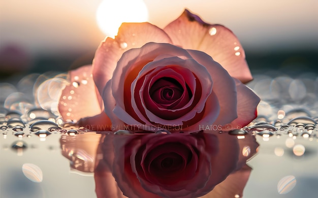 GenerativeAI Red Rose Reflected in Dew Drops at Sunrise for Valentine Background