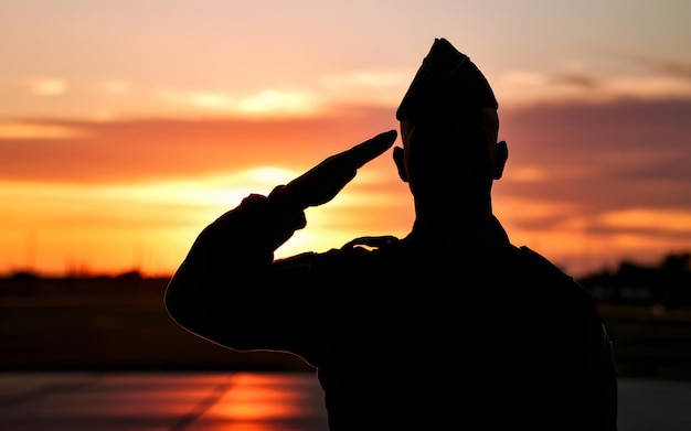 Photo generativeai silhouette of a soldier saluting against a sunset clear area for text