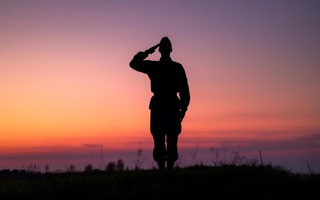 Photo generativeai silhouette of a soldier saluting against a sunset clear area for text