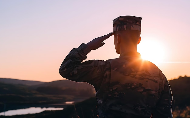 Photo generativeai silhouette of a soldier saluting against a sunset clear area for text