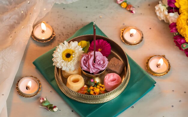 Photo generativeai topdown bhai dooj pooja setup featuring thali sweets and festive elements