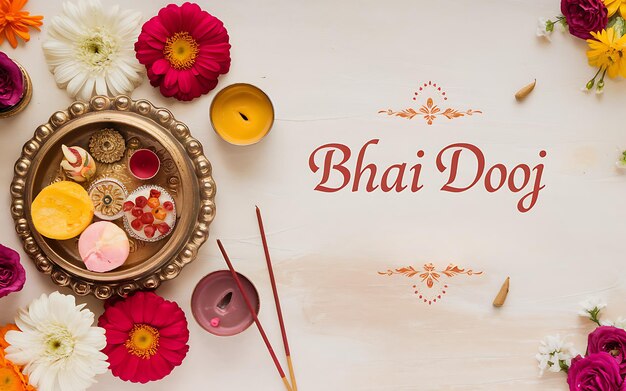 Photo generativeai topdown bhai dooj pooja setup featuring thali sweets and festive elements