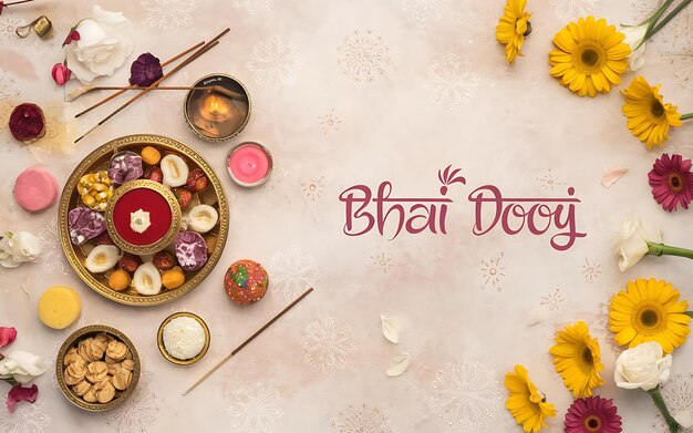 Photo generativeai topdown bhai dooj pooja setup featuring thali sweets and festive elements