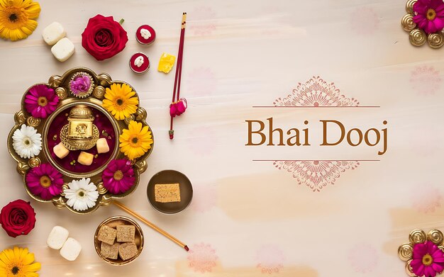 Photo generativeai topdown bhai dooj pooja setup featuring thali sweets and festive elements