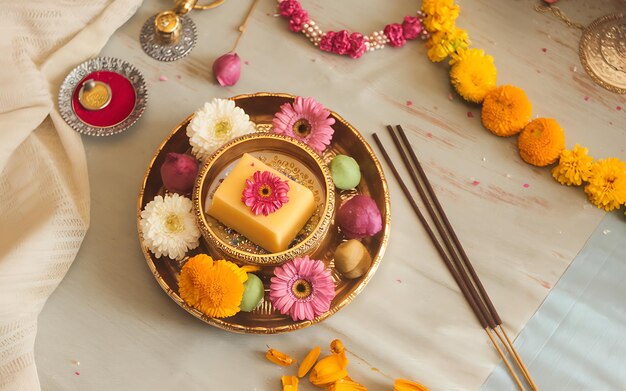 Photo generativeai topdown bhai dooj pooja setup featuring thali sweets and festive elements