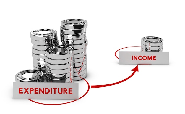 Photo generic coins over white background, expenditure is higher than income, symbol of commercial bankruptcy or debts.