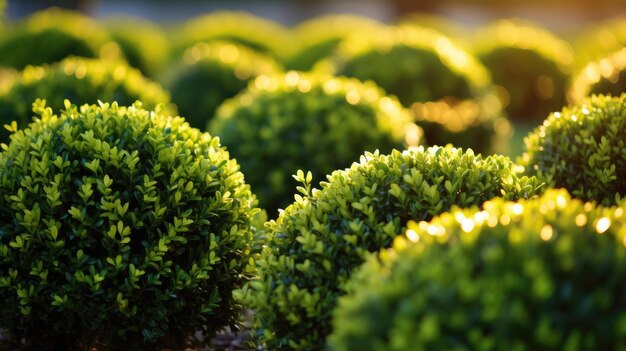 Generic Green Boxwood Bushes Forming a Spherical Wall Bathed in Warm Summer Sunset Light