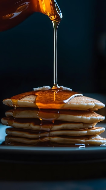 Photo generous pour of maple syrup cascading over a tall stack of pancakes inviting breakfast delight