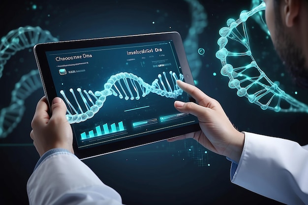 Genetic Analysis Doctor Examining DNA with Virtual Interface