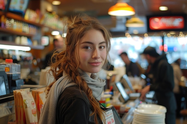 A genial young woman working as a cashier in a bustling cafe his amiable expression and casual attire contributing to the warm and friendly ambiance of the eatery